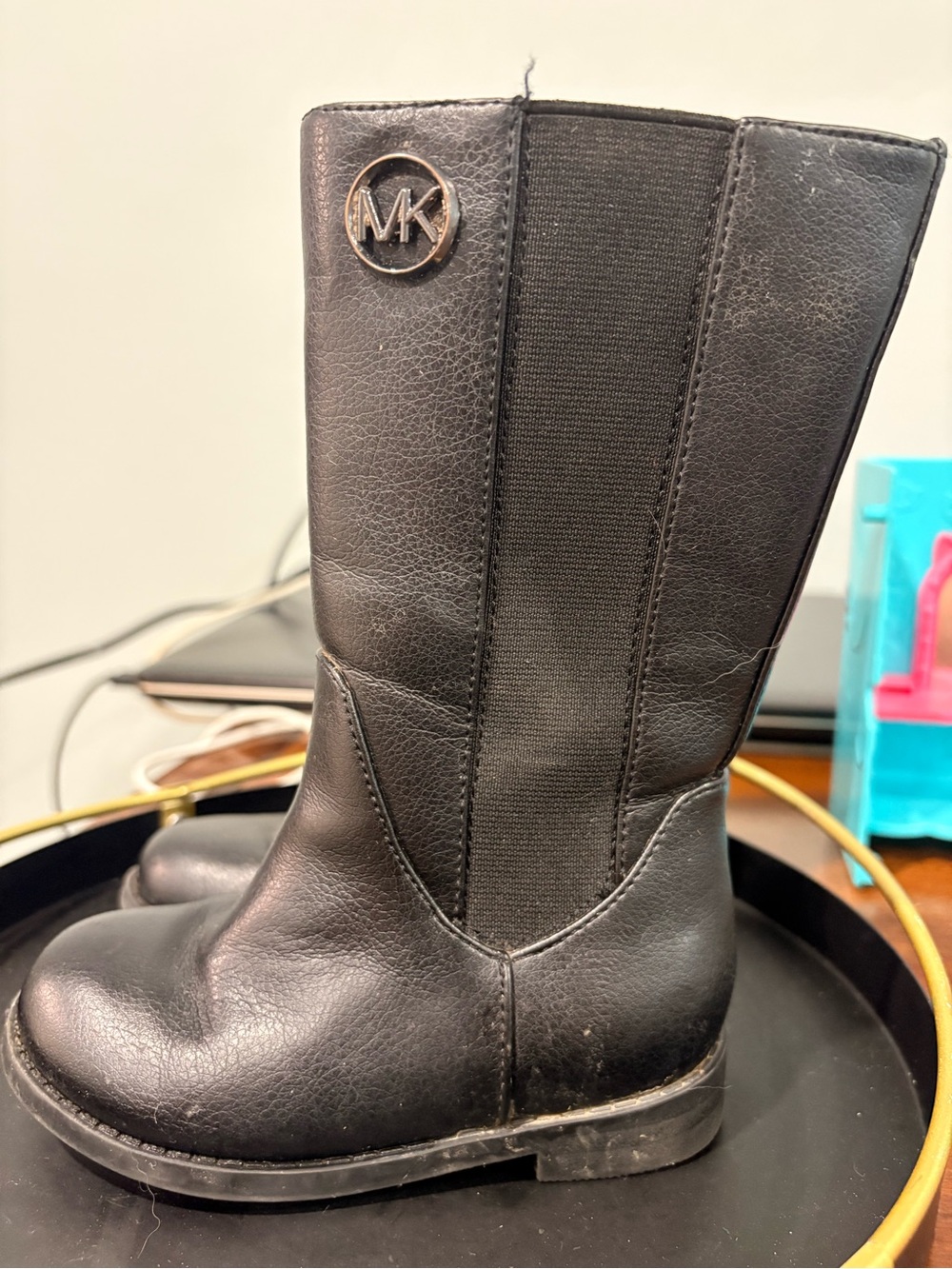 Toddler Girls Michael Kors Black Mid-Calf Faux Leather Heeled Boots with MK Logo